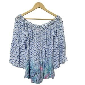 Lilly Pulitzer Off the Shoulder Nevie Top Size M Blue Coastal Nautical Beach NWT